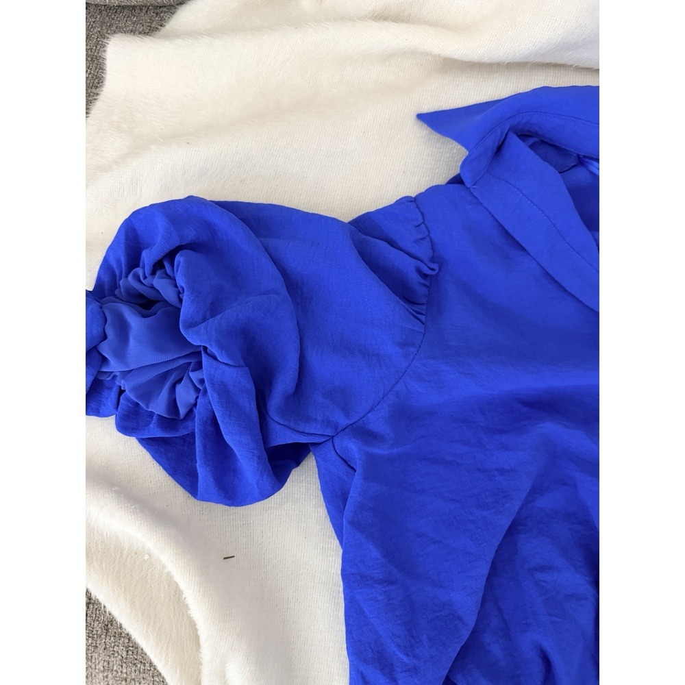 Flying Tomato Top Womens L Cobalt Blue Bubble Hem Blouse Puff Sleeve Collared - Picture 2 of 8